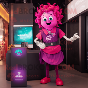 Magenta Medusa mascot costume character dressed with a Waistcoat and Smartwatches