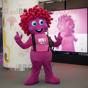 Magenta Medusa mascot costume character dressed with a Waistcoat and Smartwatches