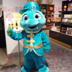 Turquoise Champagne mascot costume character dressed with a Vest and Coin purses