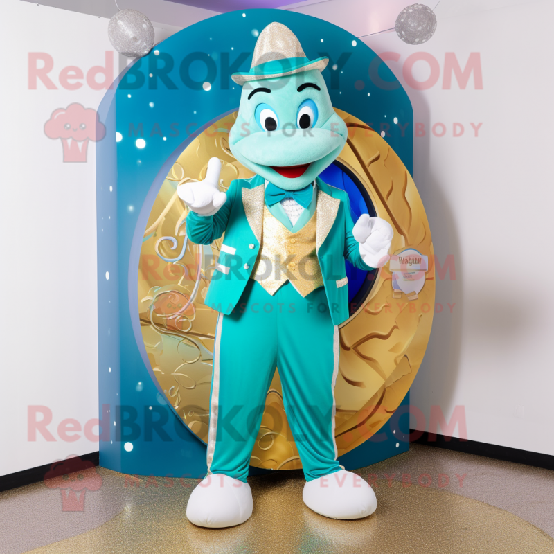 Turquoise Champagne mascot costume character dressed with a Vest and Coin purses Turquoise Champagne mascot costume character dressed with a Vest and Coin purses
