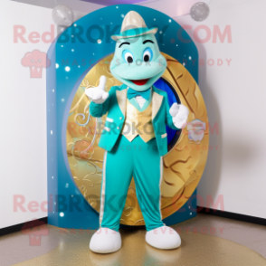 Turquoise Champagne mascot costume character dressed with a Vest and Coin purses