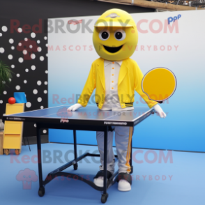Yellow Ping Pong Table mascot costume character dressed with a Suit Pants and Caps