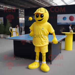Yellow Ping Pong Table mascot costume character dressed with a Suit Pants and Caps