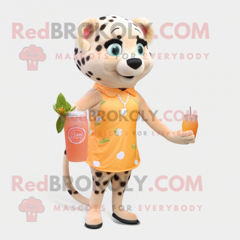 Peach Cheetah mascot costume character dressed with a Cocktail Dress and Backpacks Peach Cheetah mascot costume character dressed with a Cocktail Dress and Backpacks