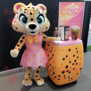 Peach Cheetah mascot costume character dressed with a Cocktail Dress and Backpacks