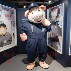 Navy Sow mascot costume character dressed with a Dungarees and Foot pads