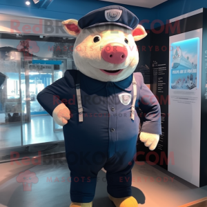 Navy Sow mascot costume character dressed with a Dungarees and Foot pads