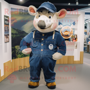 Navy Sow mascot costume character dressed with a Dungarees and Foot pads