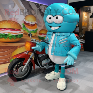 Cyan Hamburger mascot costume character dressed with a Moto Jacket and Handbags