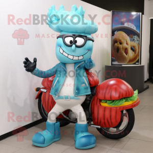 Cyan Hamburger mascot costume character dressed with a Moto Jacket and Handbags