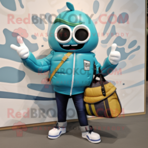 Cyan Hamburger mascot costume character dressed with a Moto Jacket and Handbags