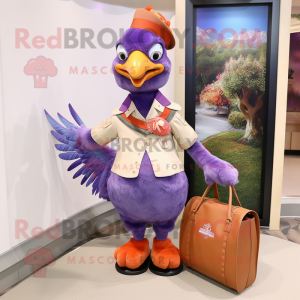 Lavender Pheasant mascot costume character dressed with a T-Shirt and Handbags