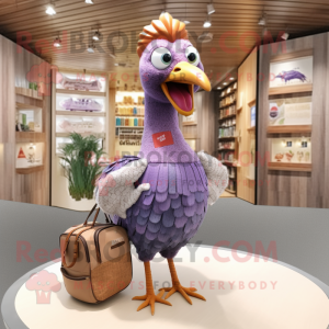 Lavender Pheasant mascot costume character dressed with a T-Shirt and Handbags