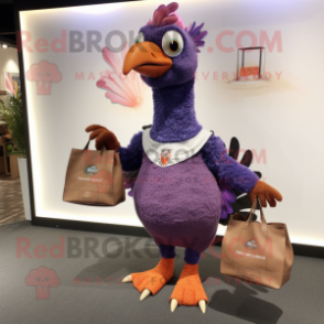 Lavender Pheasant mascot costume character dressed with a T-Shirt and Handbags