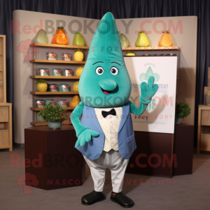 Teal Pear mascot costume character dressed with a V-Neck Tee and Pocket squares