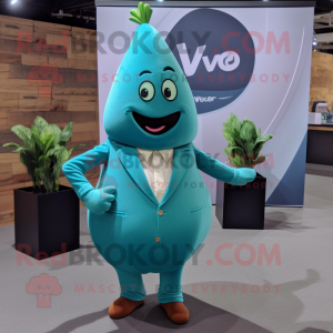 Teal Pear mascot costume character dressed with a V-Neck Tee and Pocket squares