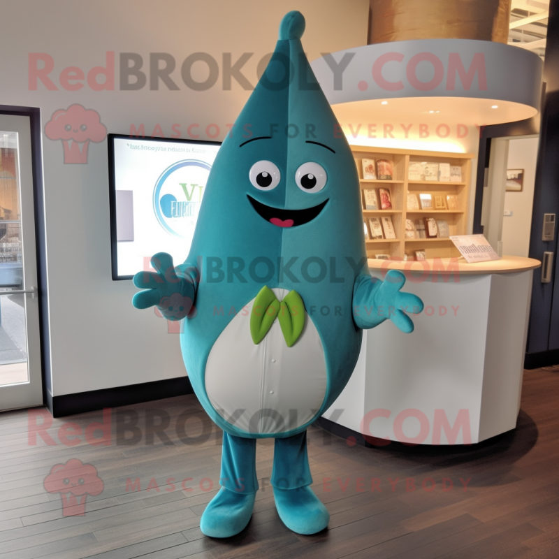 Teal Pear mascot costume character dressed with a V-Neck Tee and Pocket squares