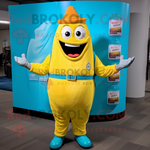 Cyan Bottle Of Mustard mascot costume character dressed with a Dress Shirt and Backpacks