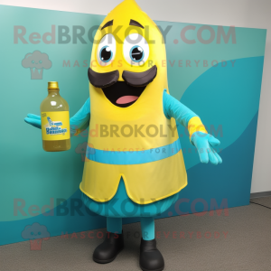 Cyan Bottle Of Mustard mascot costume character dressed with a Dress Shirt and Backpacks
