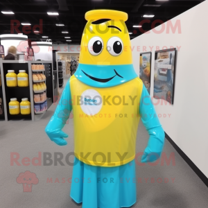 Cyan Bottle Of Mustard mascot costume character dressed with a Dress Shirt and Backpacks