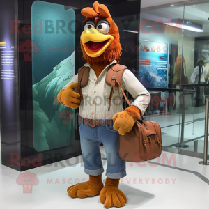 Brown Rooster mascot costume character dressed with a Boyfriend Jeans and Messenger bags