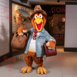 Brown Rooster mascot costume character dressed with a Boyfriend Jeans and Messenger bags