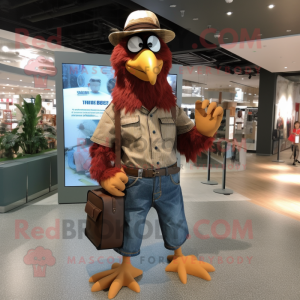 Brown Rooster mascot costume character dressed with a Boyfriend Jeans and Messenger bags