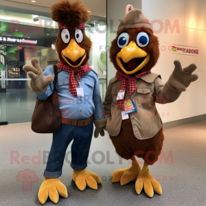 Brown Rooster mascot costume character dressed with a Boyfriend Jeans and Messenger bags