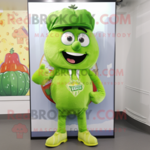 Lime Green Falafel mascot costume character dressed with a Cargo Shorts and Lapel pins