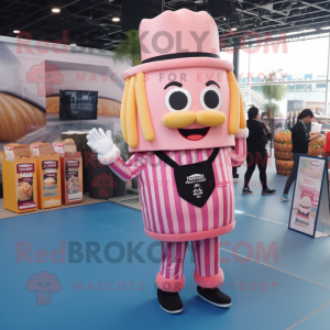 Pink French Fries mascot costume character dressed with a Overalls and Headbands
