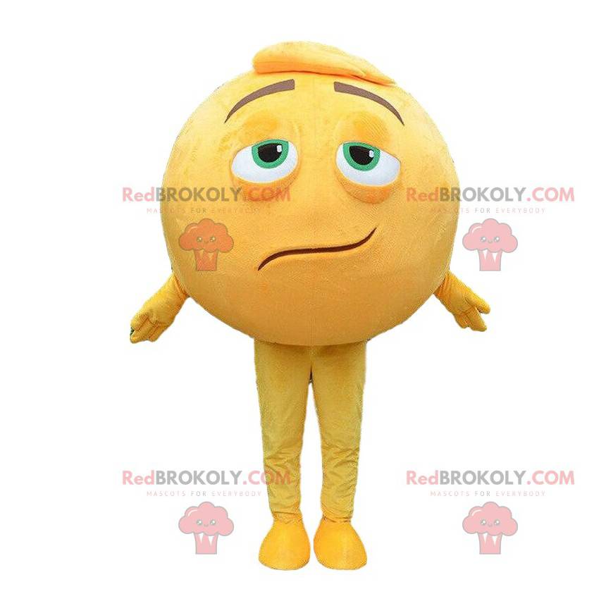 Mascote sorridente amarelo gigante, fantasia de homem redondo -