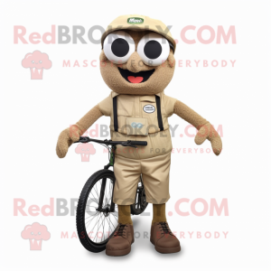 Tan Unicyclist mascot costume character dressed with a Cargo Pants and Eyeglasses