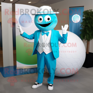 Cyan Golf Ball mascot costume character dressed with a Suit and Rings