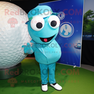 Cyan Golf Ball mascot costume character dressed with a Suit and Rings