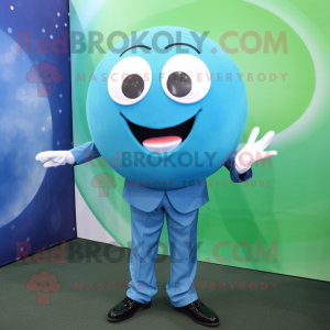 Cyan Golf Ball mascot costume character dressed with a Suit and Rings