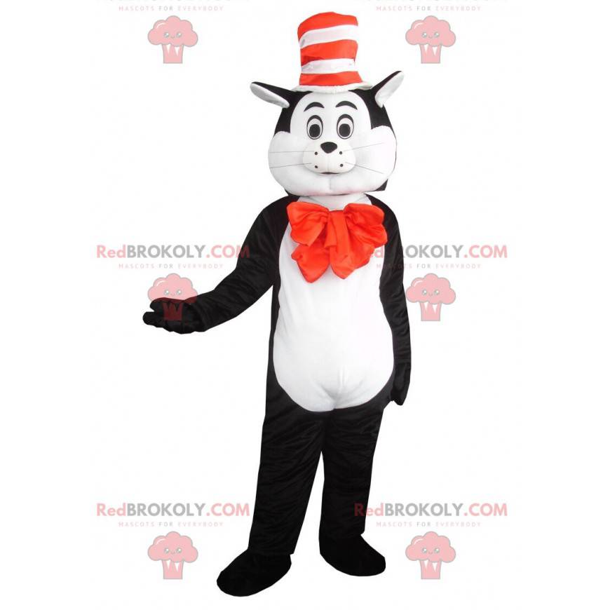 Black and white cat mascot with a hat, tomcat costume -