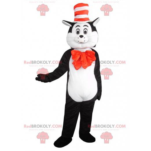 Black and white cat mascot with a hat, tomcat costume -