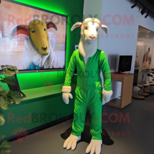 Green Boer Goat mascot costume character dressed with a Jumpsuit and Earrings
