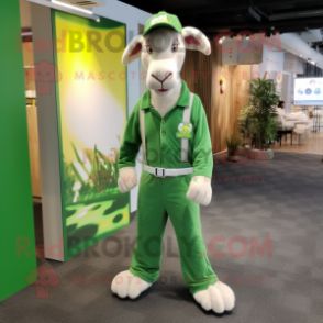 Green Boer Goat mascot costume character dressed with a Jumpsuit and Earrings