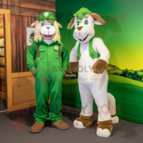 Green Boer Goat mascot costume character dressed with a Jumpsuit and Earrings