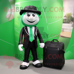 Forest Green Soccer Ball mascot costume character dressed with a Tuxedo and Tote bags