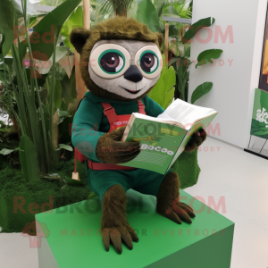 Forest Green Sloth mascot costume character dressed with a Dungarees and Reading glasses