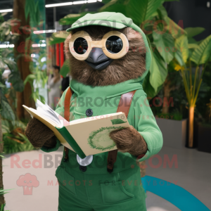 Forest Green Sloth mascot costume character dressed with a Dungarees and Reading glasses