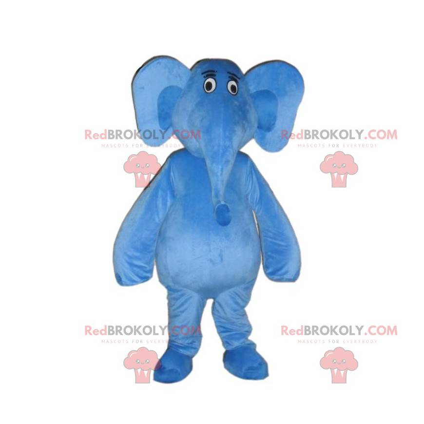 Blauwe olifant mascotte met grote oren, blauw dier -