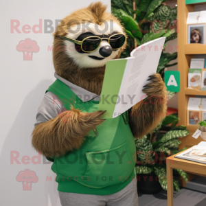 Forest Green Sloth mascot costume character dressed with a Dungarees and Reading glasses