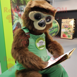 Forest Green Sloth mascot costume character dressed with a Dungarees and Reading glasses