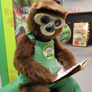 Forest Green Sloth mascot costume character dressed with a Dungarees and Reading glasses