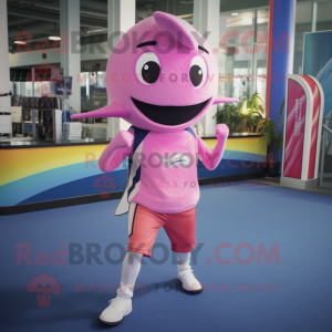Pink Swordfish mascot costume character dressed with a Running Shorts and Headbands