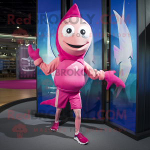 Pink Swordfish mascot costume character dressed with a Running Shorts and Headbands