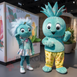 Teal Pineapple mascot costume character dressed with a Playsuit and Watches